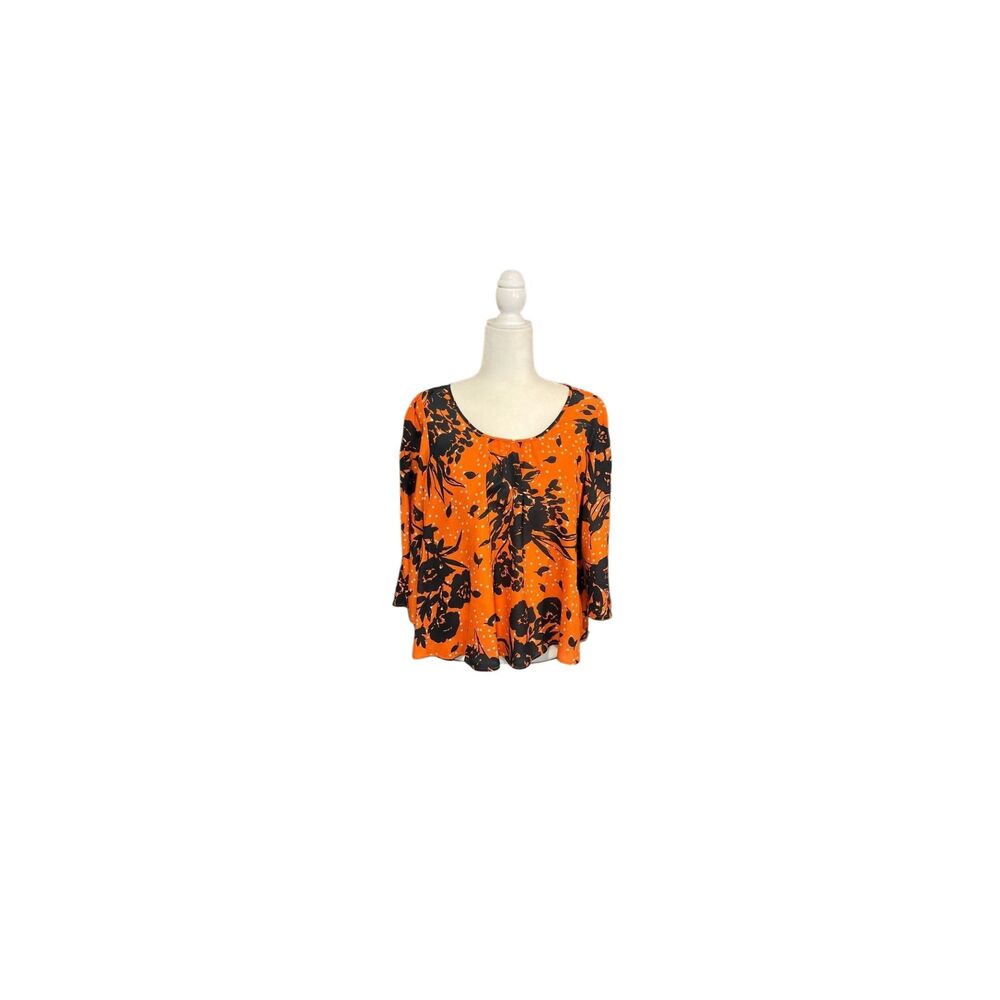 Trinity orange and navy floral bell sleeve silk blouse - M